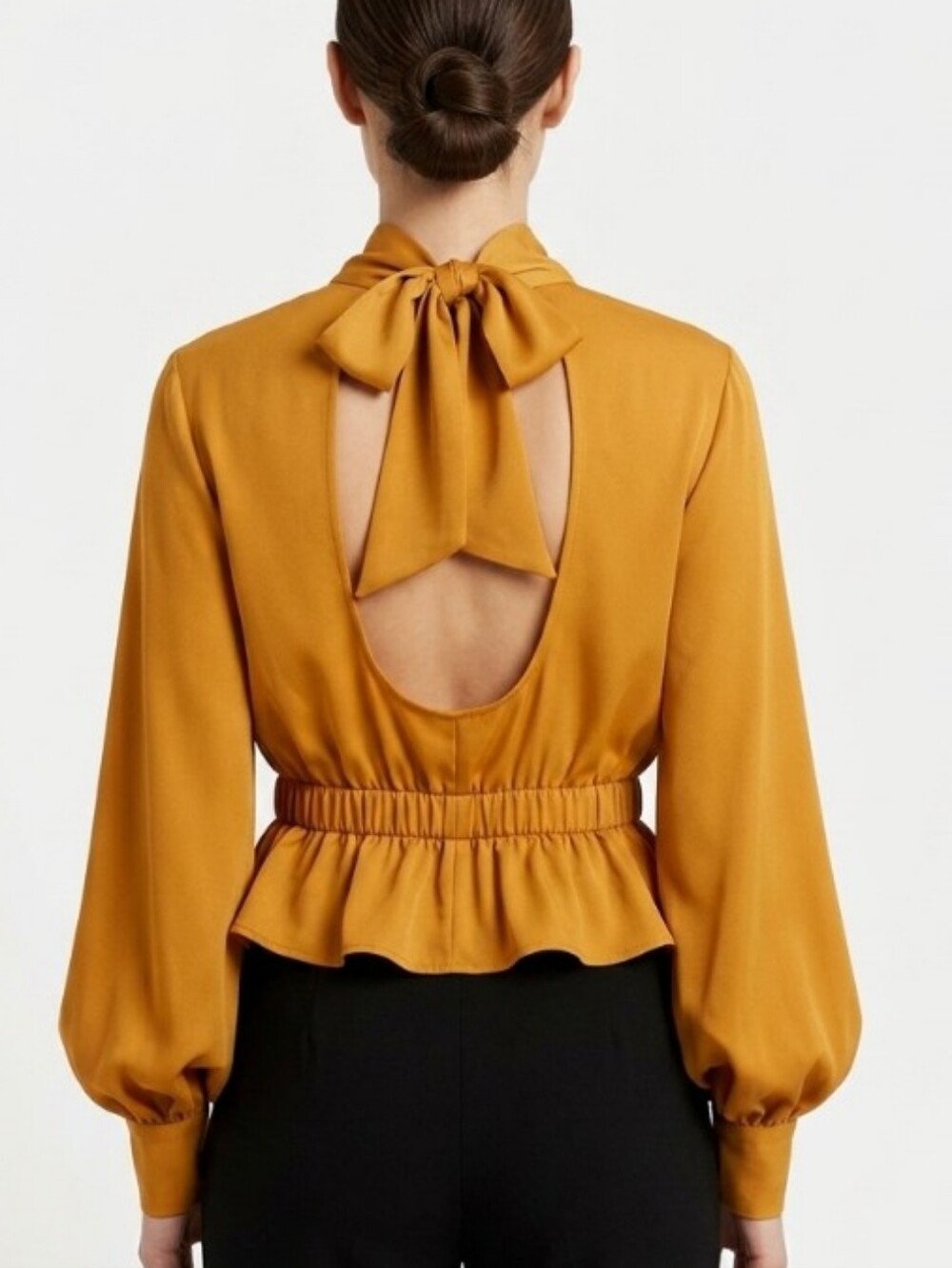 Open Edit Open-Back Tie-Neck Peplum Blouse - Mustard-golden